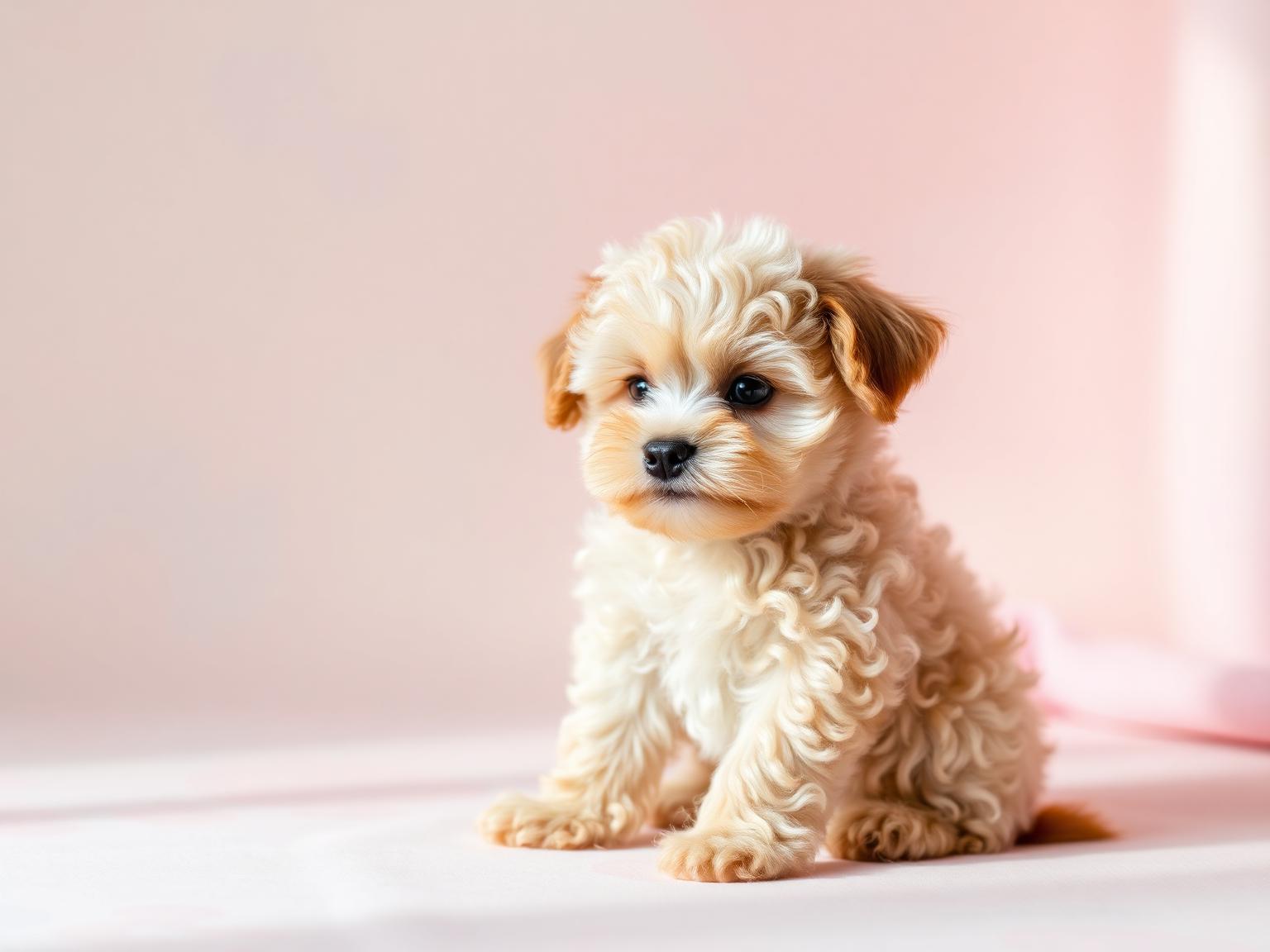 A cream-coloured toy poodle puppy sitting on a soft pink pastel backdrop